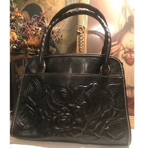 Patricia Nash Small BLK Tooled Rose Paris Satchel